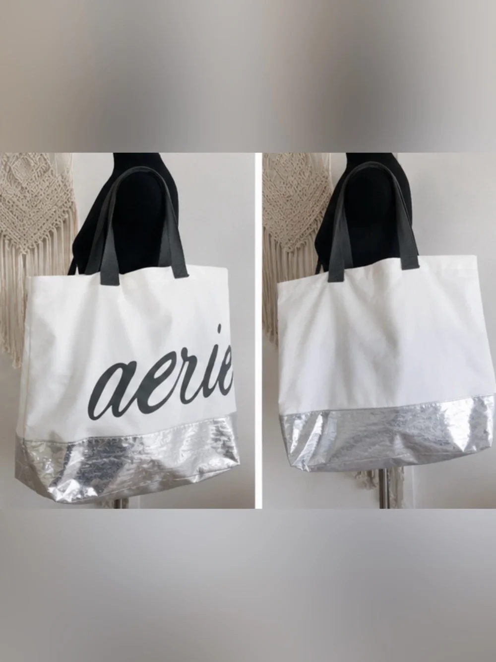 NWT Aerie Oversized Logo Tote Bag – White & Metallic Silver